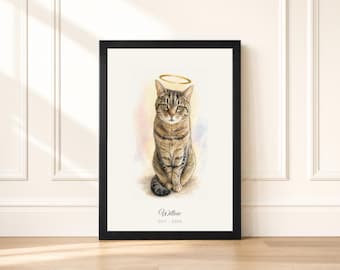 Cat Memorial Portrait from Photo | Personalized Watercolor Pet Loss Gift | Rainbow Bridge Keepsake | Halo or Angel Wings | Proof First