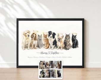 Multi Pet Memorial Portrait from Photos | Pet Loss Gift | Dogs & Cats in One Watercolour | Halo or Angel Wings | Up to 8 Pets Together