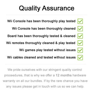K&ouml;nnte beinhalten: Bild mit dem Text "Quality Assurance". Der Text listet auf, dass die Wii-Konsole, das Board, die Fernbedienungen, die Spiele und die Kabel getestet und gereinigt wurden. Jeder Artikel hat ein gr&uuml;nes H&auml;kchen. Zus&auml;tzlicher Text gibt eine 12-monatige Hardwaregarantie an.