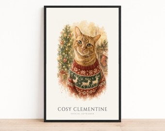 Christmas Ginger Cat Portrait from Photo | Personalized Santa Watercolor Cat Print | Christmas Gift for Cat Lovers