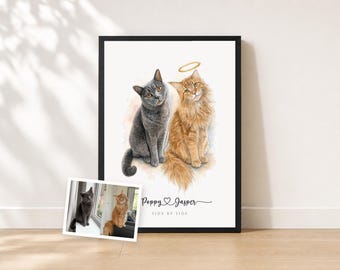 Two Pet Memorial Portrait Painted from Photos | Dog & Cat Watercolour | Surviving Pet with Halo or Angel Wings | Proof Before Printing