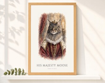Royal Maine Coon Cat Portrait from Photo | Personalized Renaissance Watercolor Cat Print | Gift for Cat Lovers