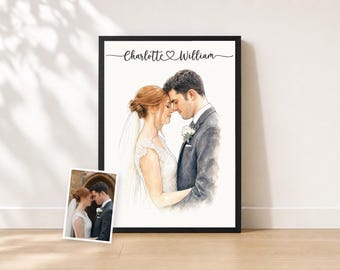 Custom Wedding Portrait from Photo | Minimalist Watercolor Couple Painting | Names in Script with Heart | White Background Print