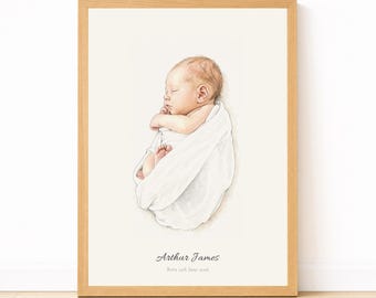 Personalized New Baby Portrait from Photo | Watercolor Nursery Print | Christening Naming Day Gift | First Family Portrait Keepsake