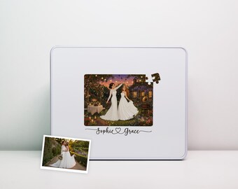 Personalized Two Brides Jigsaw Puzzle from Your Photo | Storybook Watercolor Scene | Keepsake Tin | Lesbian Wedding Gift
