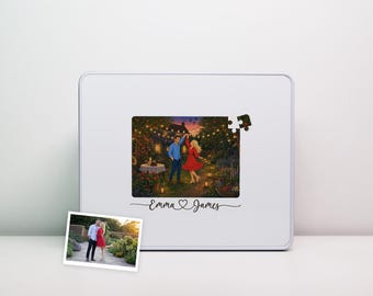 Personalized Couple Jigsaw Puzzle from Your Photo | Storybook Watercolor Scene | Keepsake Tin | Anniversary and Valentines Gift