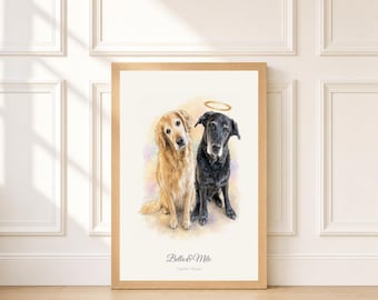 Two Pet Memorial Portrait from Photo | Dog Cat Loss Watercolor | Surviving Pet & Angel Companion Keepsake | Halo or Wings | Proof First