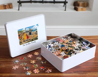 Personalized Family Jigsaw Puzzle from Photo | Your Family Painted Into a Storybook Scene | Custom Puzzle in Personalized Gift Tin