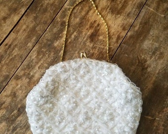 Vintage 1940's White Beaded Purse Made by Richere from Hong Kong, Clutch purse, Hand purse, Gold chain, wedding purse