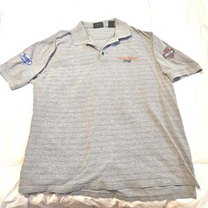 Harley Davidson 2005 Demo Tour Staff Polo Shirt, Gray w Slightly Darker Gray Stripes  Cotton XL, Embroidered Patches