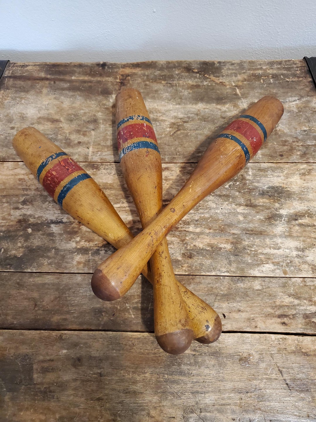 Vintage Wooden Juggling Clubs, Hand Painted, Juggling Sticks, Set of 3