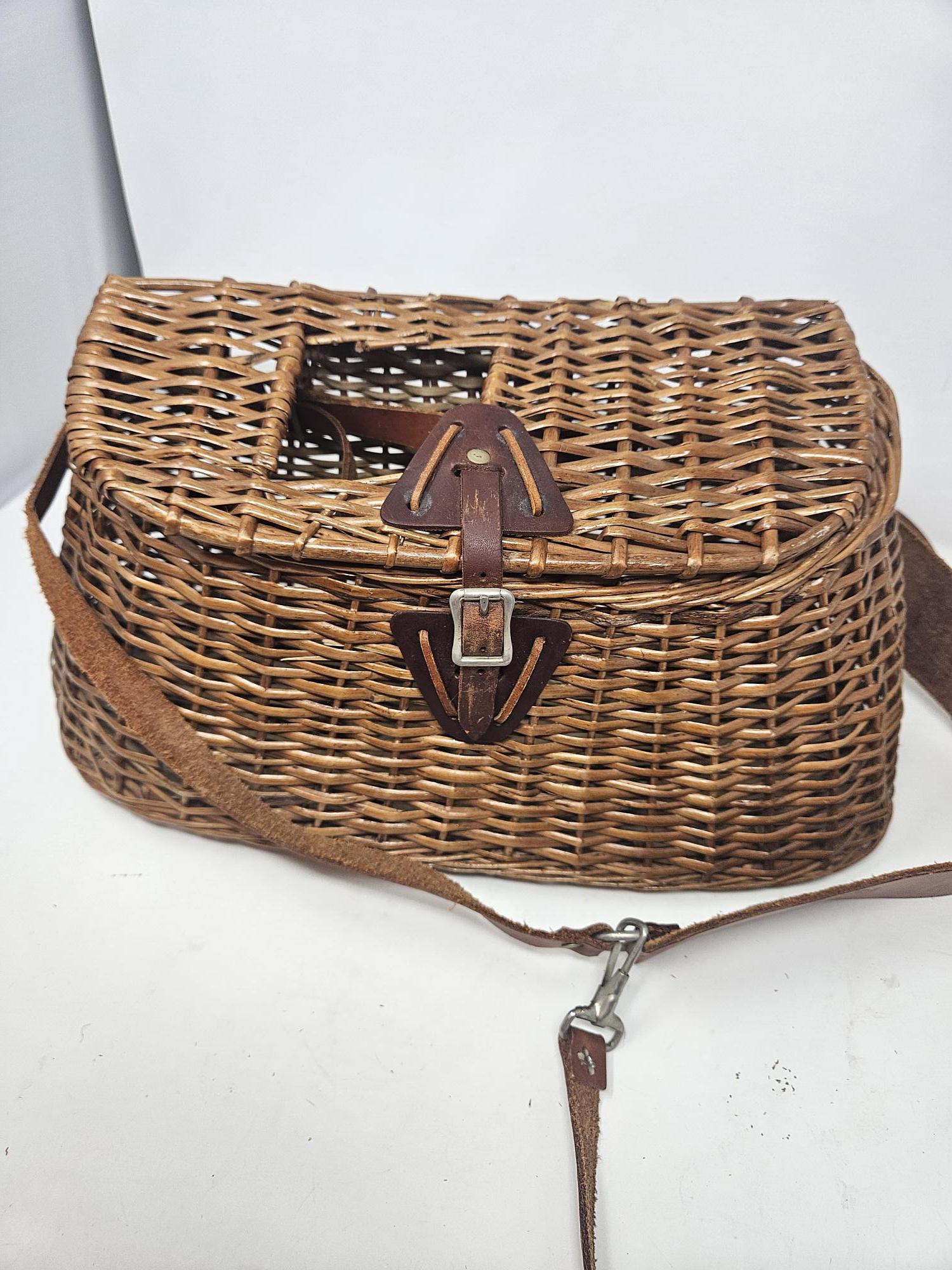 Panier De Pêche Créel En Osier Vintage – Appât, Mouche – Avec Sangle – Marron