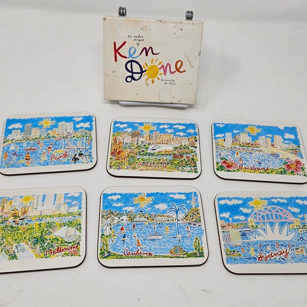 Vintage Ken Done Australian Cities Coaster Exclusively for Jason box set of 6, Auckland New Zealand, 1983, Decorative Coasters SDMS621A