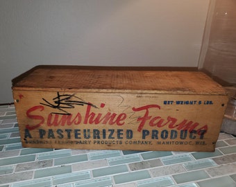 Quesera antigua de madera, producto pasteurizado Sunshine Farms, queso Wisconsin, gráficos antiguos, publicidad, decoración reciclada