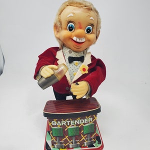 Vintage Rosko Smoking Bartender Tin Toy Battery Powered, Made in Japan, Nomura Toy Industrial Co