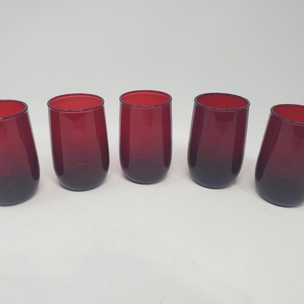 Vintage Set Anchor Hocking Royal Ruby Red Juice Glasses, 1950s Drinkware - Mid Century Kitchenware