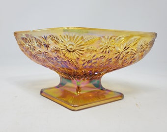 Vintage Indiana Glass, Marigold Iridescent,  Carnival Glass Diamond Shaped Pedestal Candy Dish Daisy Floral Pattern, Holiday Décor
