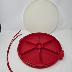 Vintage 1980s Tupperware Party Platter w/Handle Divided Sections Red Round Vegetable Tray Dip Container Picnic Potluck Camping Snack Tray