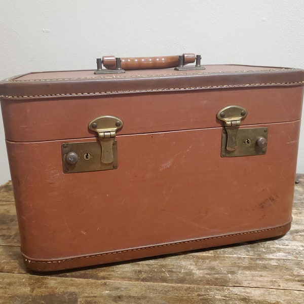 Vintage Luggage Brown Makeup Suitcase, Train Case, Repurpose, Décor, Home Storage, MCM, Prop