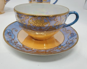 Vintage Hand Painted Takito TT Japan, Iridescent Orange & Blue