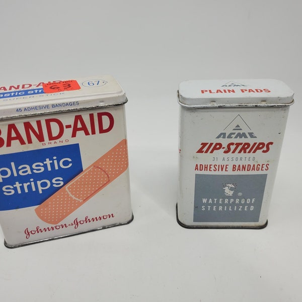 Vintage Band-Aid Metal Container, Johnson & Johnson and Acme Zip-Strips Adhesive Bandages Metal Container, Décor, Health, Tin Container