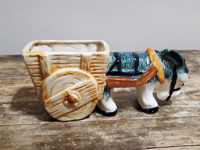 Vintage Occupied Japan Donkey Pulling Cart Ceramic Planter Etsy