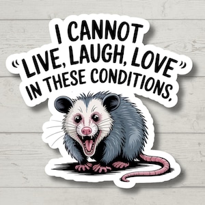 May include: A sticker featuring a cartoon opossum with a wide grin and the text "I CANNOT LIVE, LAUGH, LOVE IN THESE CONDITIONS." The opossum is gray and white with a pink nose and tail. The sticker is white with a black outline.