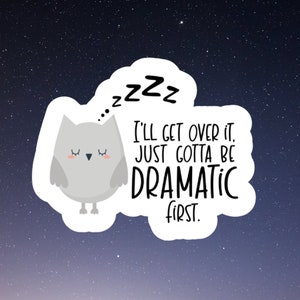 May include: A white owl with closed eyes in a thought bubble with the text "...zzz I'll get over it. Just gotta be dramatic first."
