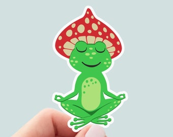 Frog Meditation sticker, yoga motivational laptop decals, tumbler stickers, water bottle sticker, mushroom stickers, frog stickers