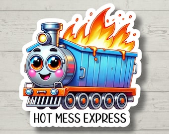 Op de afbeelding: Een cartoon trein met een blauwe container op de achterkant, in brand met oranje vlammen. De trein heeft een glimlachend gezicht met grote ogen en is gelabeld "HOT MESS EXPRESS".