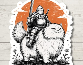 Knight Riding Giant Fluffy Cat Vinyl Sticker - Funny Medieval Fantasy Decal for Water Bottles and Laptops