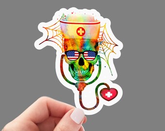 Colorful nurse skull vinyl sticker, nurse sticker, best friend gift, laptop sticker, Nursing Stickers, Nurse Stickers Laptop Decals