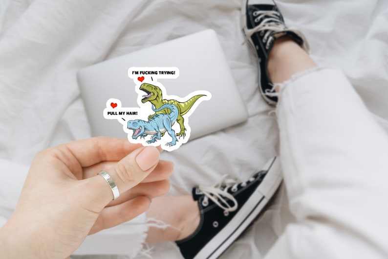 Pull my hair dinosaurs, laptop stickers, funny stickers, sarcastic sticker, trex, kindle sticker, smut, romance, kink image 1