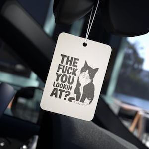 May include: A rectangular air freshener with a black and white cat illustration and the text "THE FUCK YOU LOOKIN AT?". The air freshener is hanging in a car.