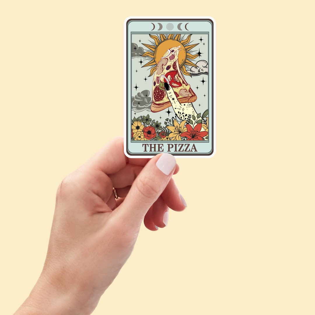 The Pizza Tarot Card Sticker featuring a pizza slice with tarot symbols
