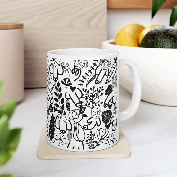 Whimsical Funny Ceramic Mug, Black and White Art Mug, Gift for Artists, Cozy Home Decor, Tea and Coffee Lover, Stylish Drinkware