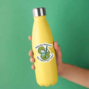 May include: A yellow insulated water bottle with a silver cap. A sticker on the bottle features a green snake wrapped around a glass of water with a straw, and the text "Have You Watered Your Flesh Prison Today?"