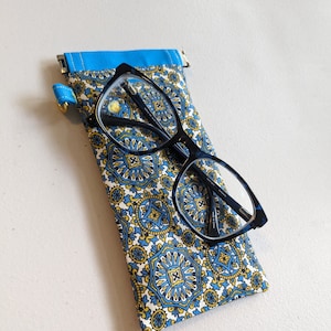 Blue & Yellow Eye Glasses / Sunglasses Case - Fabric, Padded, Flex-Close
