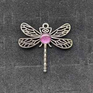 May include: Silver dragonfly charm with a pink glitter-filled cabochon. The dragonfly has intricate details and a delicate design.