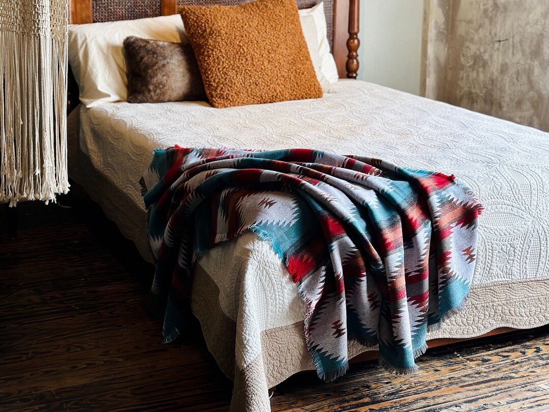 Woven Wool Blend Throw Blanket Southwestern Knit Blanket Etsy