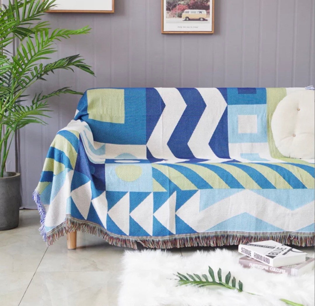 Woven Throw Blanket Boho Blue & Green Throw Blanket Chunky Etsy