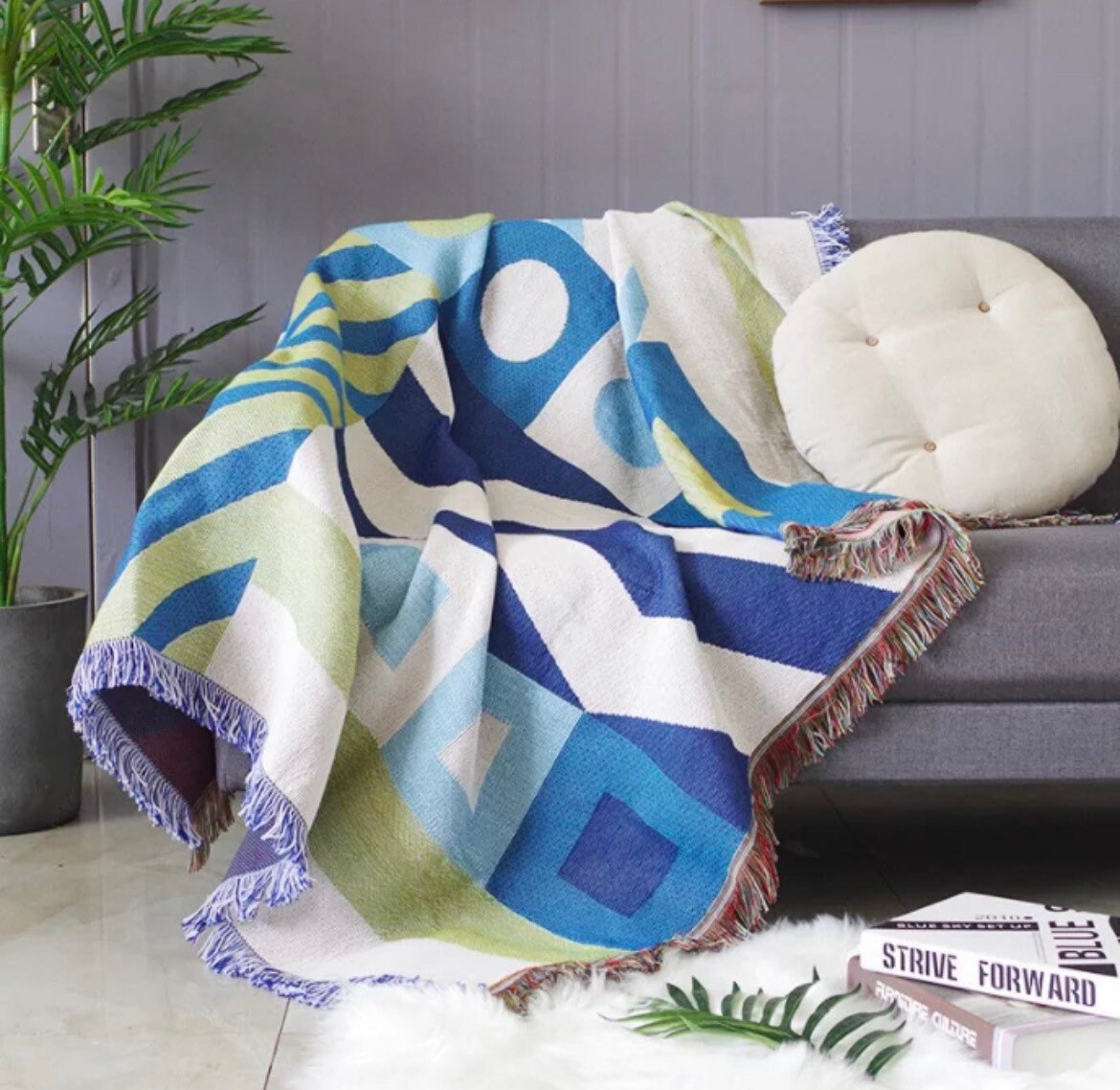 Woven Throw Blanket Boho Blue & Green Throw Blanket Chunky Etsy