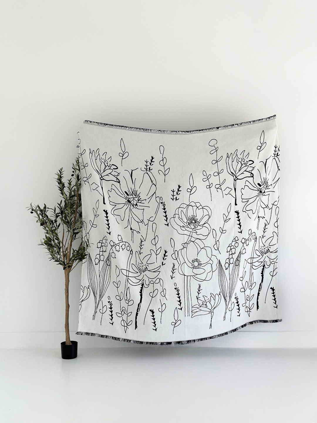 Woven Throw Blanket Floral Woven Blanket Boho Black & White Bedding Minimalist Textured Throw