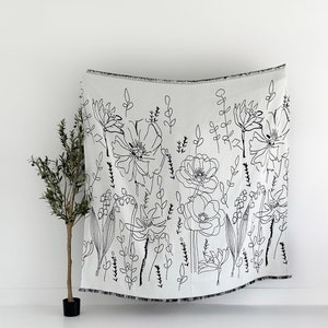 Woven Throw Blanket Floral Woven Blanket Boho Black & White Bedding Minimalist Textured Throw Blanket Reversible 50x70”+