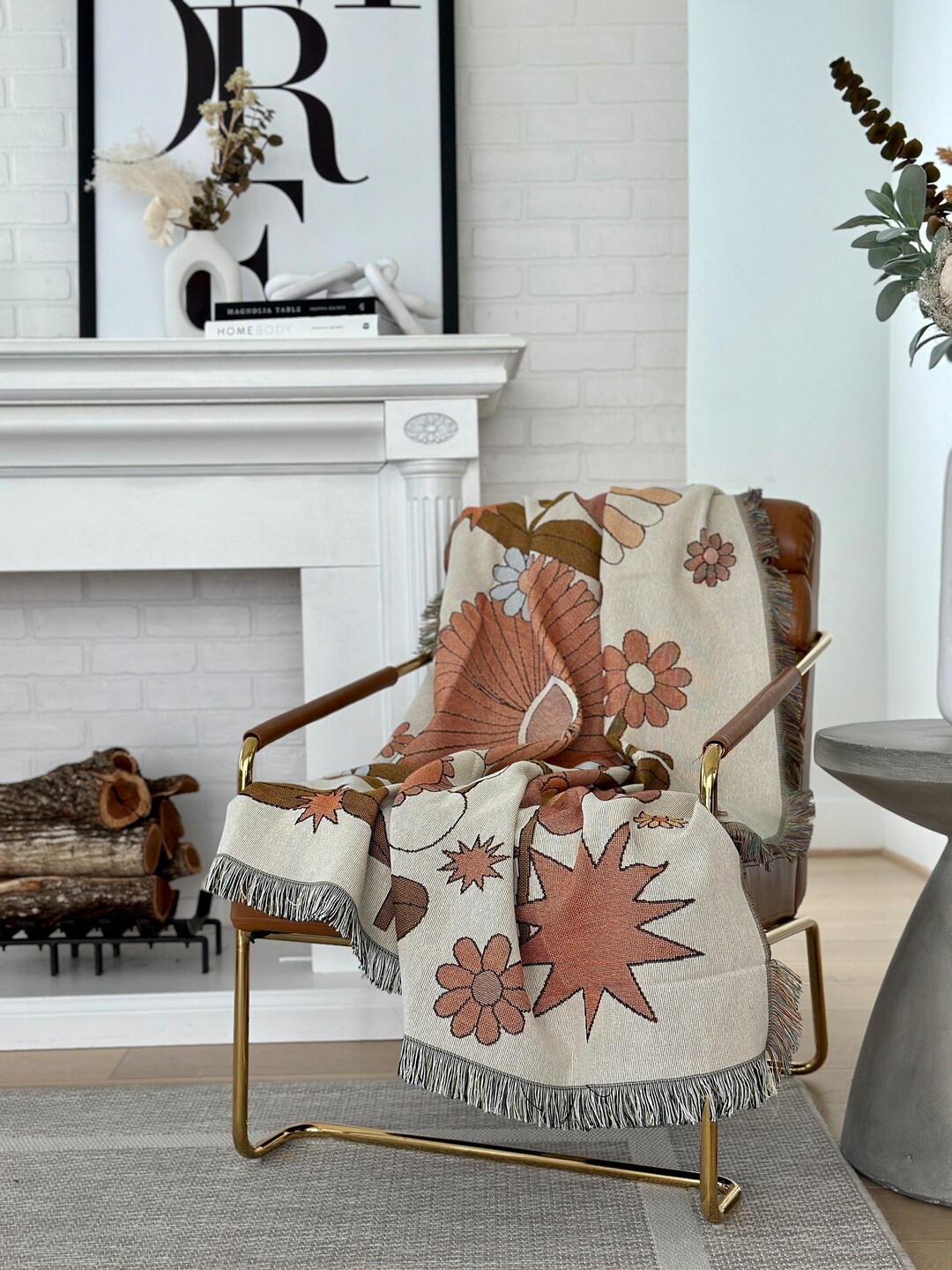 Floral Woven Throw Blanket, Retro 70s Vintage Inspired, Woven Throw