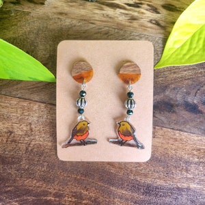 Boucles d'oreilles printanières Rouge-gorge,tons orangés, pour femme, en plastique rétractable, peinture aquarelle