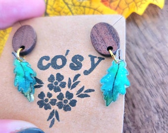 Boucles d'oreilles Petites feuilles vertes,pour femme, peinture aquarelle