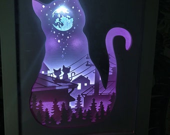 Veilleuse de maison "Chats de Paris", Cadre lumineux lightbox, en papier et Cadre en bois sous verre, chats sur les toits, chats amoureux