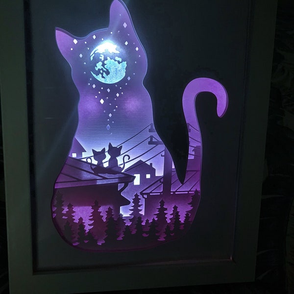 Veilleuse de maison "Chats de Paris", Cadre lumineux lightbox, en papier et Cadre en bois sous verre, chats sur les toits, chats amoureux