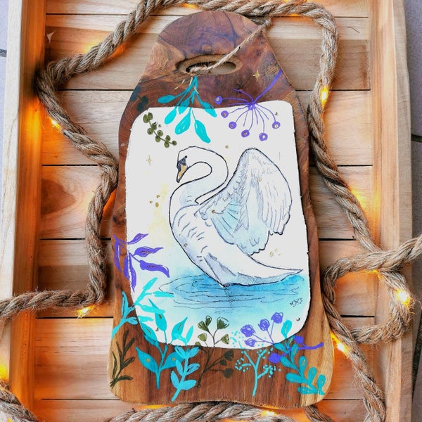 Tableau à l'aquarelle animal Cygne - tableau en bois - amoureux des oiseaux